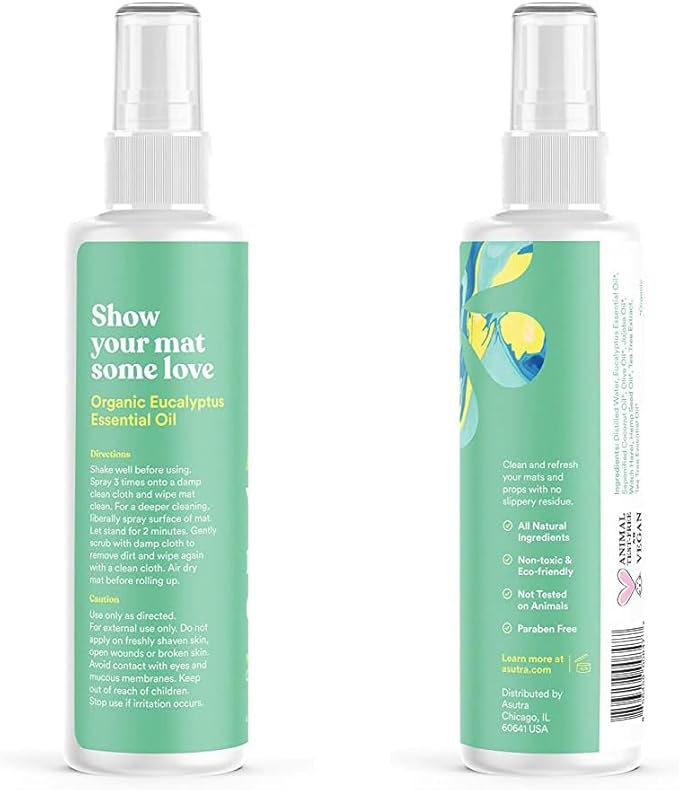 ASUTRA Yoga Mat Cleaner Spray (Uplifting Eucalyptus), 4 fl oz - No Slippery Residue, Organic Essential Oils, Deep-Cleansing for Fitness Gear & Gym Equipment, Microfiber Towel Included