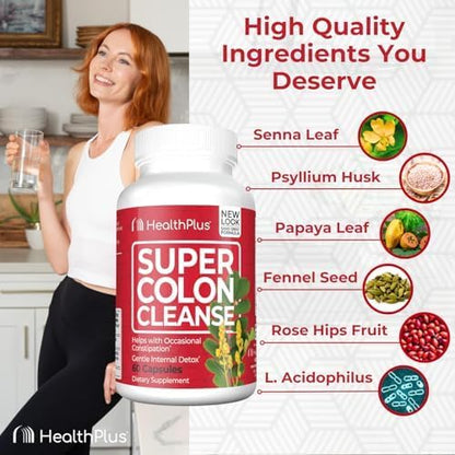 Health Plus Super Colon Cleanse 15 Day Supply of Gentle Gut Cleanse Detox, Psyllium Husk, Probiotics for Constipation Relief & Digestive Support, 60 Capsules