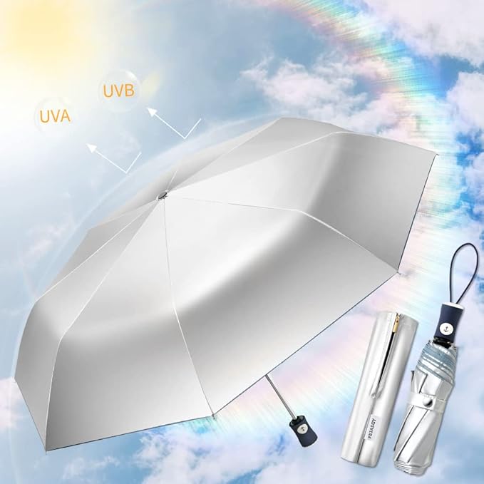 FDJASGY Silver Coating Layer Fabric Blocking UV 99.9% Sun Umbrella Compact Folding Travel Umbrella Automatic Folding Windproof Umbrellas For Men and Women (Blue)