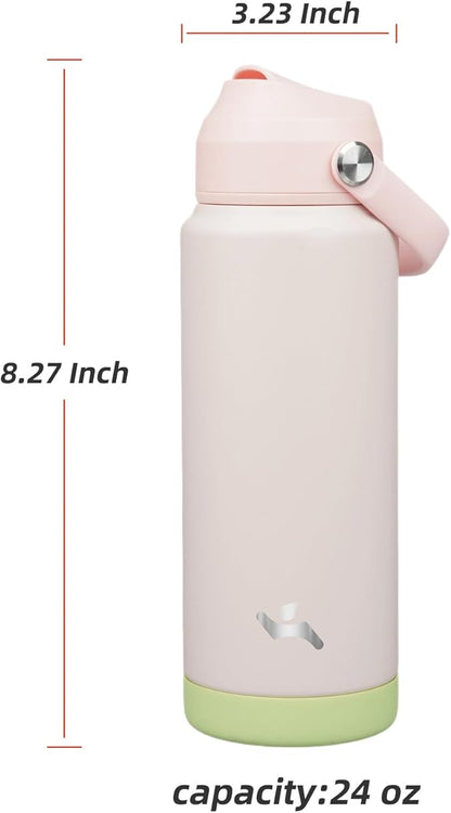 Insulated Water Bottle with Straw Lid,24 oz Stainless Steel Vacuum Metal Bottle with Silicone Handle,Pearl