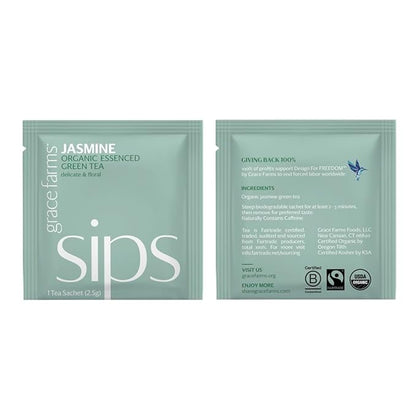 Grace Farms Organic JASMINE Green Tea (100 Enveloped Pyramid Sachets w/String & Tag) | Fragrant and Sweet | Fairtrade and Kosher Certified | Best Green Tea | Gives Back 100% of Profits