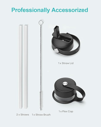 BUZIO 24 oz Insulated Water Bottle, Stainless Steel Wide Mouth Water Flask with Straw Lid, Cold for 48 Hrs Leak Proof Metal Hydro Thermo Canteen Mug, Black