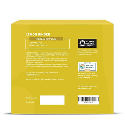 HANDPICK, Lemon Ginger Herbal Tea - 100 Pyramid Tea Bags | 100% Natural Ingredients, Tasty & Citrusy Hand-made Blend of Lemon & Ginger | Caffeine Free, Gluten Free | No Artificial Ingredients