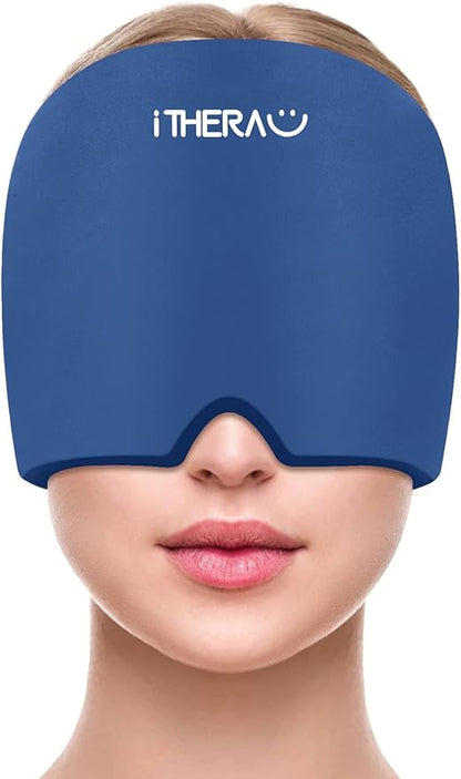 iTHERAU Migraine Relief Cap，Migraine Ice Head Wrap，Headache Ice Hat，Cold Therapy Headache Relief Cap for Migraine Eyes Mask Dark Blue Headache Ice Pack Stress Relief