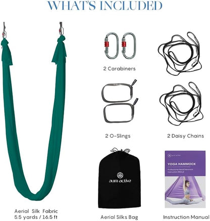 Aerial Silk Yoga Hammock & Swing for Home, Inversion Exercises, Starter Kit for All Levels - Durable with Extension Straps, Carabiners, and Pose Guide