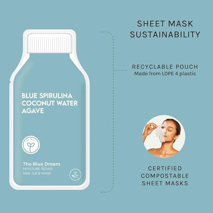 ESW Beauty The Blue Dream - Moisture Repair Raw Juice Face Mask (6-Pack) - Hydrating with Blue Spirulina, Coconut Water & Agave for Dry, Sensitive Skin - Replenishes & Fights Aging