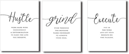 Framed Canvas Wall Art Hustle Quote, Office Wall Art, White Large Poster, Positive Motivational Set of 3 Prints, Execute Hustle Grind, Inspirational Print (H-3pcs,20x30inchx3pcs)