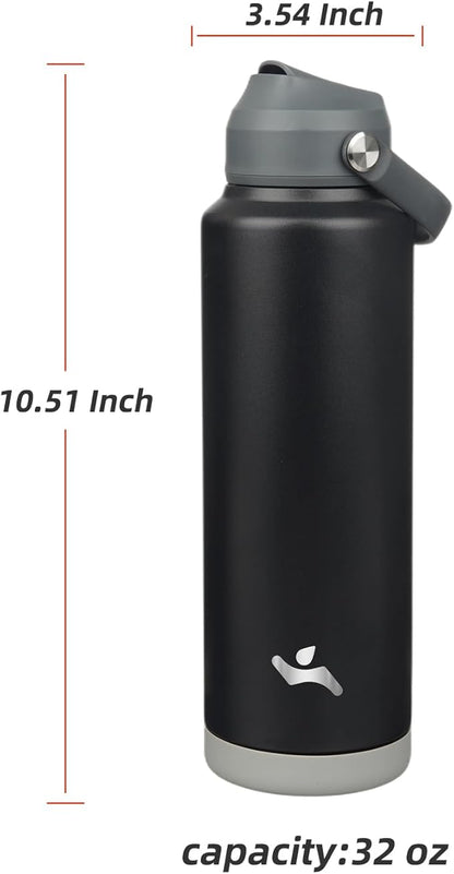 Insulated Water Bottle with Straw Lid,40 oz Stainless Steel Vacuum Metal Bottle with Silicone Handle,Black