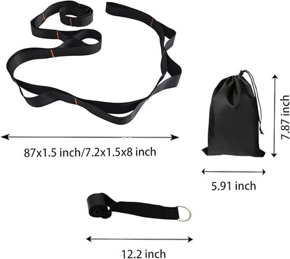 Gradient Fitness Therapy Stretching Belt, 12 Circle Multi Ring Stretching Belt (1.5 inches wide x 86.6 inches long), Therapy Equipment, Yoga Stretcher Strap,Leg Stretcher. Equipped with arch foot pads and pointed massage balls(BLACK)