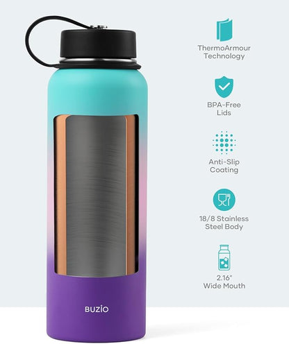 BUZIO 40oz Insulated Water Bottle, Stainless Steel Double Wall Water Flask (Cold for 48 Hrs) Leak Proof Sports Bottles Jug with Straw Lid and Flex Cap Metal Canteen for Gym Travel Camping, Hydrangea