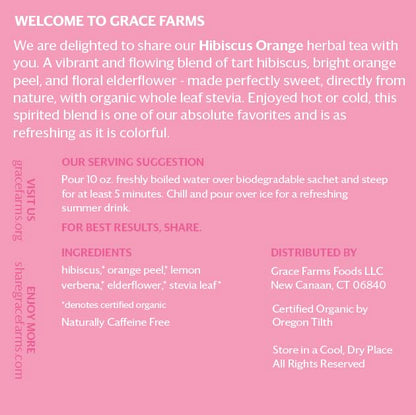 Grace Farms HIBISCUS ORANGE Herbal Tea (16 Pyramid Sachets) | Naturally Sweet, Reviving and Caffeine Free | Organic, Fair Trade and Kosher Certified | Delicious Iced Tea | Gives Back 100% of Profits