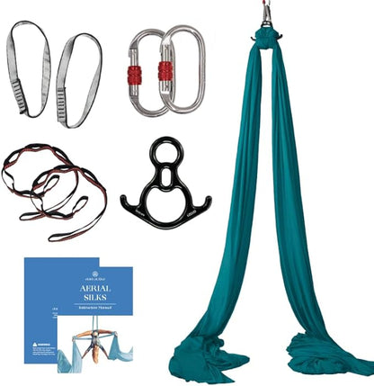 Aerial Silks Starter Kit - Durable 9 Yards of Aerial Yoga Hammock with Hardware & Guide - Aerial Swing for Acrobatic Flying Yoga & All Levels (Aerial Rigging Point Up to 13ft)