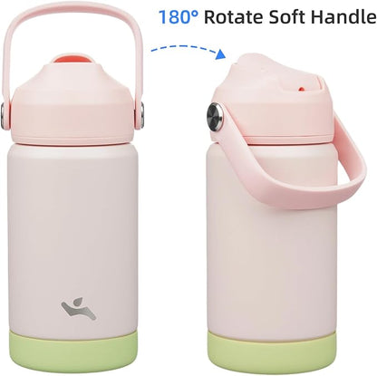 Insulated Water Bottle with Straw Lid,12 oz Stainless Steel Vacuum Metal Bottle with Silicone Handle,Pearl