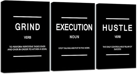 Framed Canvas Wall Art Success Quote, Office Wall Art, Black Large Poster, Positive Motivational Set of 3 Prints, Execute Failure Definition, Inspirational Print (B-3pcs,24x36inchx3pcs)