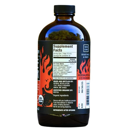 Herbal Revolution Fire Cider Apple Cider Vinegar - Certified Organic Non-GMO ACV Infused with Ginger, Horseradish, Hot Peppers, Honey, and More - Made Using Regenerative Farming Practices 16 Oz