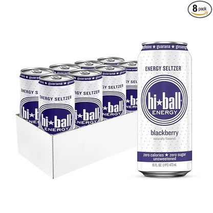Hiball Clean Energy Seltzer Water, Caffeinated Sparkling Water Made with Vitamin B12 and Vitamin B6, Sugar Free 16 Fl Oz (Pack of 8), Blackberry