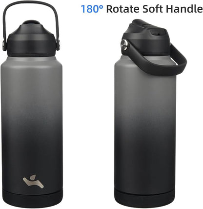 Insulated Water Bottle with Straw Lid,32 oz Stainless Steel Vacuum Metal Bottle with Silicone Handle,Gray Black