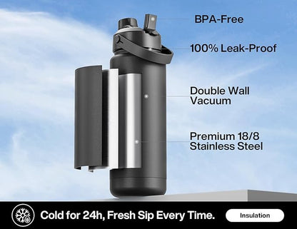 32 oz Insulated Water Bottle with 2-in-1 Straw and Spout Lid, Keep Cold 24H, Leak-Proof, BPA-Free, Double Wall Stainless Steel Water Bottle for Sports, Gym, Travel, and School (Dark Knight)