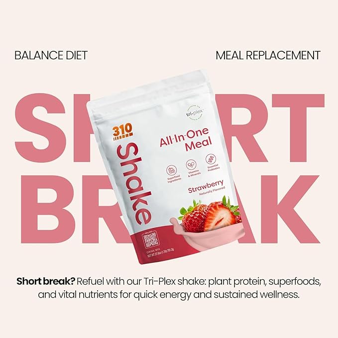 310 Nutrition All-In-One Meal Replacement Shake Powder - Plant-Based Protein Smoothie Blend w/High Fiber, Probiotics & Adaptogens - Low Carb, Vegan, Keto & Paleo Friendly - Strawberry - 28 Srv