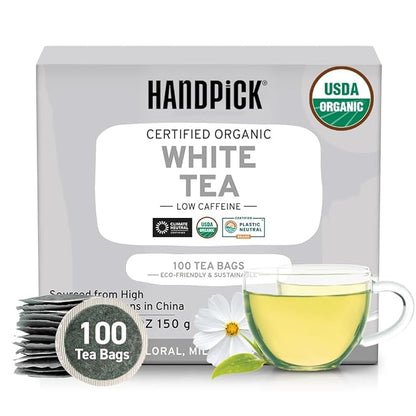 HANDPICK, Organic White Tea - 100 Tea Bags | USDA Organic, 100% Pure White Tea | Mild & Smooth | Packed in Eco-friendly Tea Bags