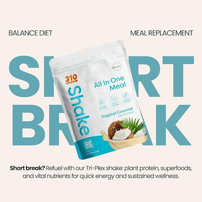 310 Nutrition All-In-One Meal Replacement Shake Powder - Plant-Based Protein Smoothie Blend w/High Fiber, Probiotics & Adaptogens - Low Carb, Vegan, Keto & Paleo Friendly - Tropical Coconut - 14 Srv
