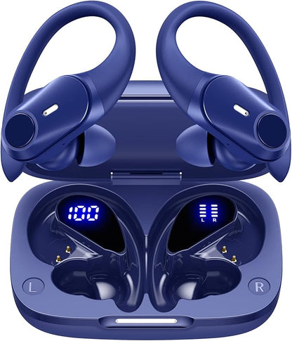 GOLREX Active Noise Cancelling Ear Buds Wireless Earbuds Bluetooth Headphones with 80H Playtime LED Display Wireless Charging Case, Over-Ear Hooks Earbud for Sports Running Gym Workout Blue