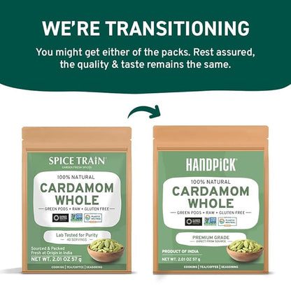 HANDPICK Green Cardamom Pods (57g / 2oz) Large size Green Elaichi | Pure, Non-GMO, Gluten Free | 100% Raw from India | Resealable Zip Lock Pouch