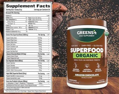 Greens+ Plus Organic Superfood Amazon Chocolate, Boost Energy, Essential Blend of Raw Foods, Non GMO, Gluten Free, USDA Organic and Vegan Powder, 8.46 oz