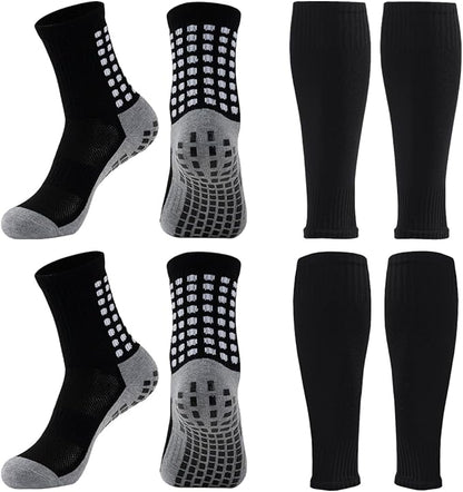 2 Set Anti-Slip Grip Soccer Socks with Shin Guard Sleeves, Sports Athletic Socks for Men Women