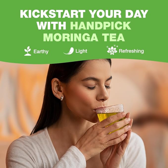 HANDPICK, Organic Moringa Tea Bags (100 Count), Pure Moringa Leaves | Authentic Indian Origin | Caffeine Free, Non GMO | Earthy, Light & Refreshing | Round Eco-conscious Teabags