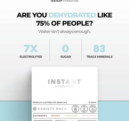 Instant Hydration Electrolytes Powder Packets - Variety Pack - Zero Sugar - Keto, Vegan, Gluten-Free, Non-GMO - Boost Recovery, Brain Function, Muscle & Tissue Health - 12 Sticks