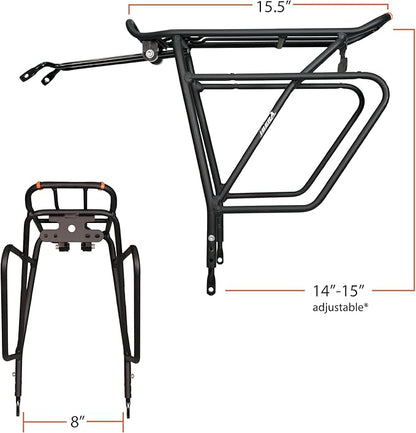 Ibera Bike Rack - Bicycle Touring Carrier Plus+ for Disc Brake/Non-Disc Brake Mount, Fat Tire Bikes, Frame-Mounted for Heavier Top & Side Loads, Height Adjustable for 26"-29" Frames