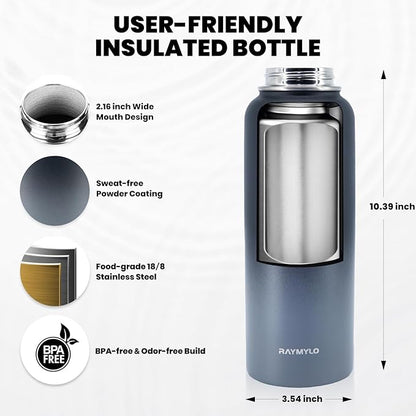 Insulated Water Bottle 40 oz, Triple Wall Vacuum Stainless Steel (Cold for 48 Hrs), Leak Proof & Non-BPA, Modern Water Flask Jug with Paracord Handle & Straw Spout Lids, Dark Grey
