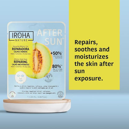 IROHA NATURE AFTERSUN Face Mask – Soothing & Hydrating Care After Sun Exposure | 15 Pack | With Melon, Chamomile & Aloe Vera