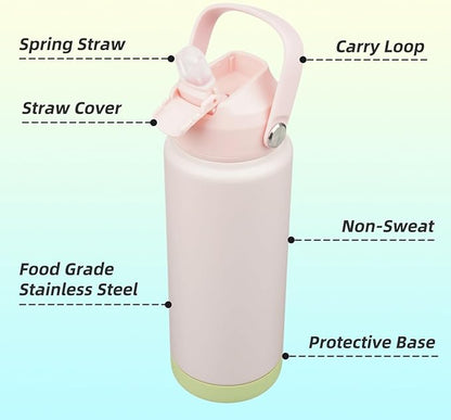 Insulated Water Bottle with Straw Lid,24 oz Stainless Steel Vacuum Metal Bottle with Silicone Handle,Pearl