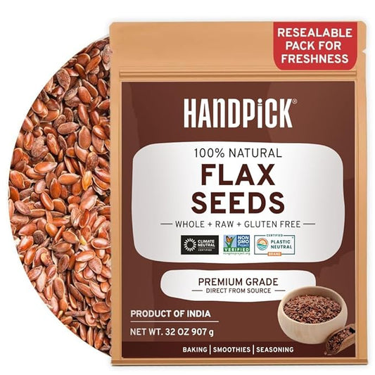 HANDPICK Flax Seed (2 lb) | Gluten Free Brown Seeds | Raw Seeds Sourced from India | Grinds easily, Gels perfectly | Resealable Zip Lock Pouch