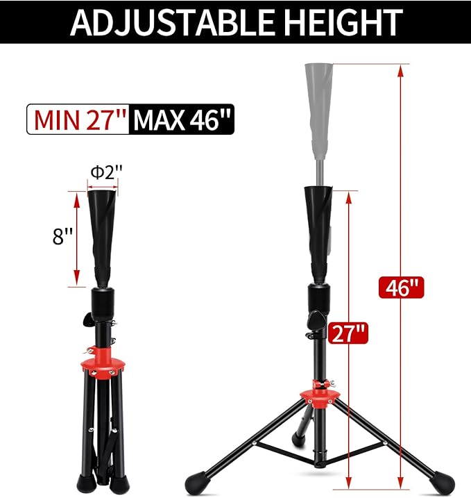 FDLS Baseball Batting tee for Adults and Youth Teens, Portable Tripod Stand Base Tee Easy Adjustable Height 27 to 46 inches for Hitting Training Practice, with Carrying Bag