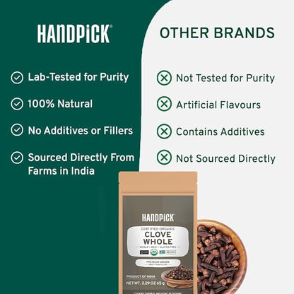 HANDPICK Organic Cloves Whole (2.3oz, 65g) Premium Cloves from South India | Packed in a Resealable Zip Lock Pouch | Perfect for Cooking, Smoothies, Pomander Balls & Tea