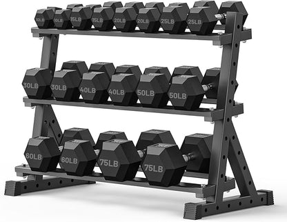 PAPABABE Hex Dumbbell Set with Rack, Rubber Encased Free Weight with Weight Storage Racks, Multiple Weight Options for Home Gym and Fitness