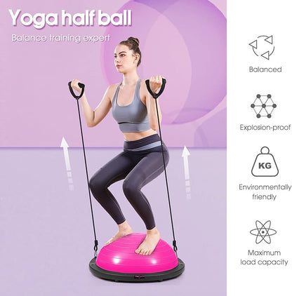 Half Balance Ball Trainer with Resistance Bands, Pink, Exercise Ball for Yoga and Stability Training