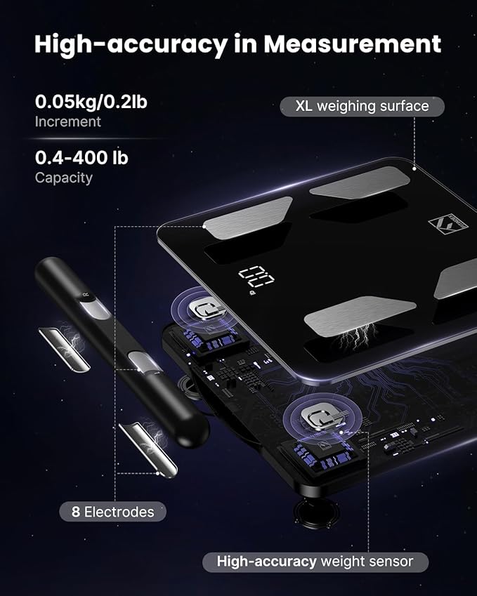 FITINDEX Body Composition Scale for Body Weight, Smart 8-Electrodes with BMI, Body Fat, Muscle Mass, 50 Composition Measurements, Bluetooth