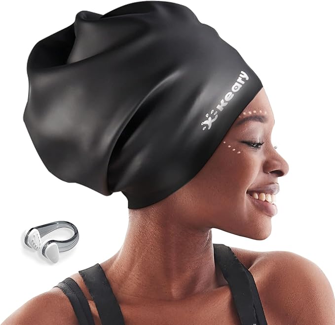 Keary Extra Large Swim Cap for Braids and Dreadlocks Extensions Weaves Long Hair, Waterproof Silicone Cover Ear Bath Pool Shower Swimming Cap for Adult Youth to Keep Hair Dry, Easy to Put On and Off