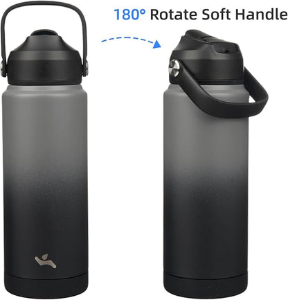Insulated Water Bottle with Straw Lid,24 oz Stainless Steel Vacuum Metal Bottle with Silicone Handle,Gray Black