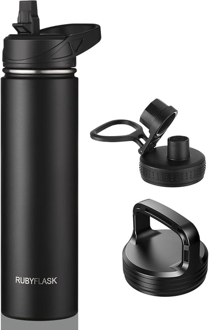 24oz Insulated Water Bottle with Straw, Stainless Steel Metal Vacuum Water Flask, Large Thermal Water bottle with Leakproof 3 Lids for Travel, Camping, Gym Sports Black