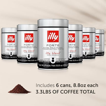 Illy Ground Drip Coffee - Forte Extra Bold Roast Coffee - Rich & Strong Flavor - 100% Arabica - Pre-Ground for Drip Pour Over - Pressurized Packaging Sealed for Freshness - 8.8oz (Pack of 6)