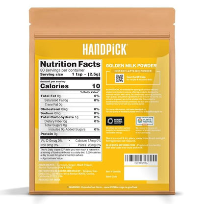 HANDPICK Golden Milk Powder with Turmeric - (7oz, 80 servings) Instant Latte Mix | Blend of Ginger, Black Pepper and Curcumin