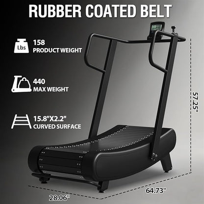 Mikolo Curved Manual Treadmill, Non Electric Treadmill with 8 Resistance Levels, LCD Digital Monitor Shock Absorption, Multi-Grip Adjustable Handrails, Non-Slip Belt