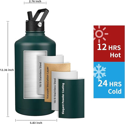 Insulated Water Bottle 64oz,Triple Wall Vacuum Stainless Steel(Dishwasher Safe),Leak Proof & Non-BPA,Flask Jug with Paracord Handle & Straw Spout Lids Sports