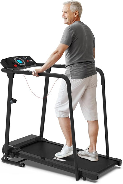 Redliro Treadmill for Seniors with Long Handrails - 300 lbs Capacity Walking Treadmill for Elderly with Cup Holder - Recovery Machine for Home Use with Clear, Non-Scrolling Display (Black)