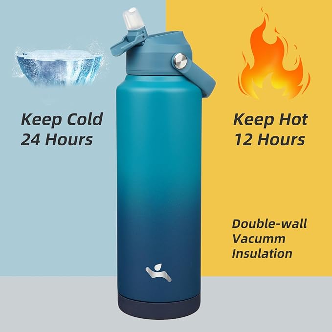 Insulated Water Bottle with Straw Lid,40 oz Stainless Steel Vacuum Metal Bottle with Silicone Handle,Vast